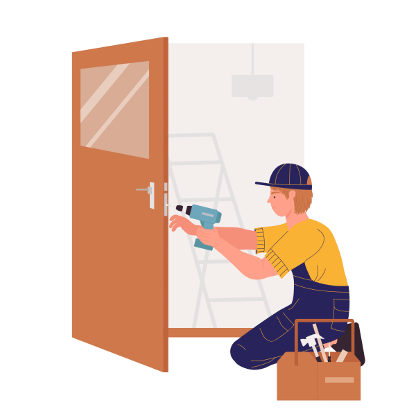 menuisier posant une porte d'entrée dans le Morbihan